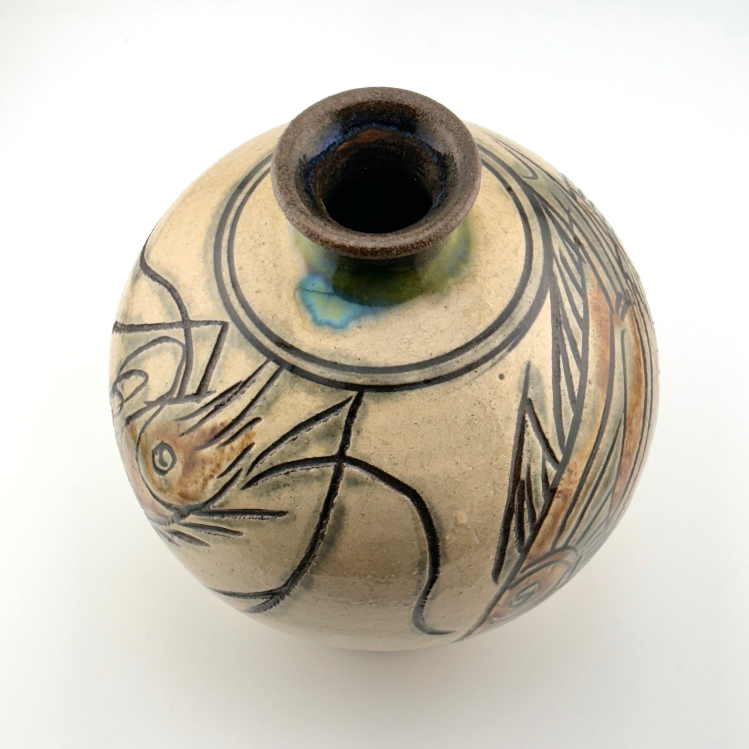 Kanegon 人間国宝 金城次郎 海老魚紋花瓶 栞 共箱 h20cm超 Kanegon