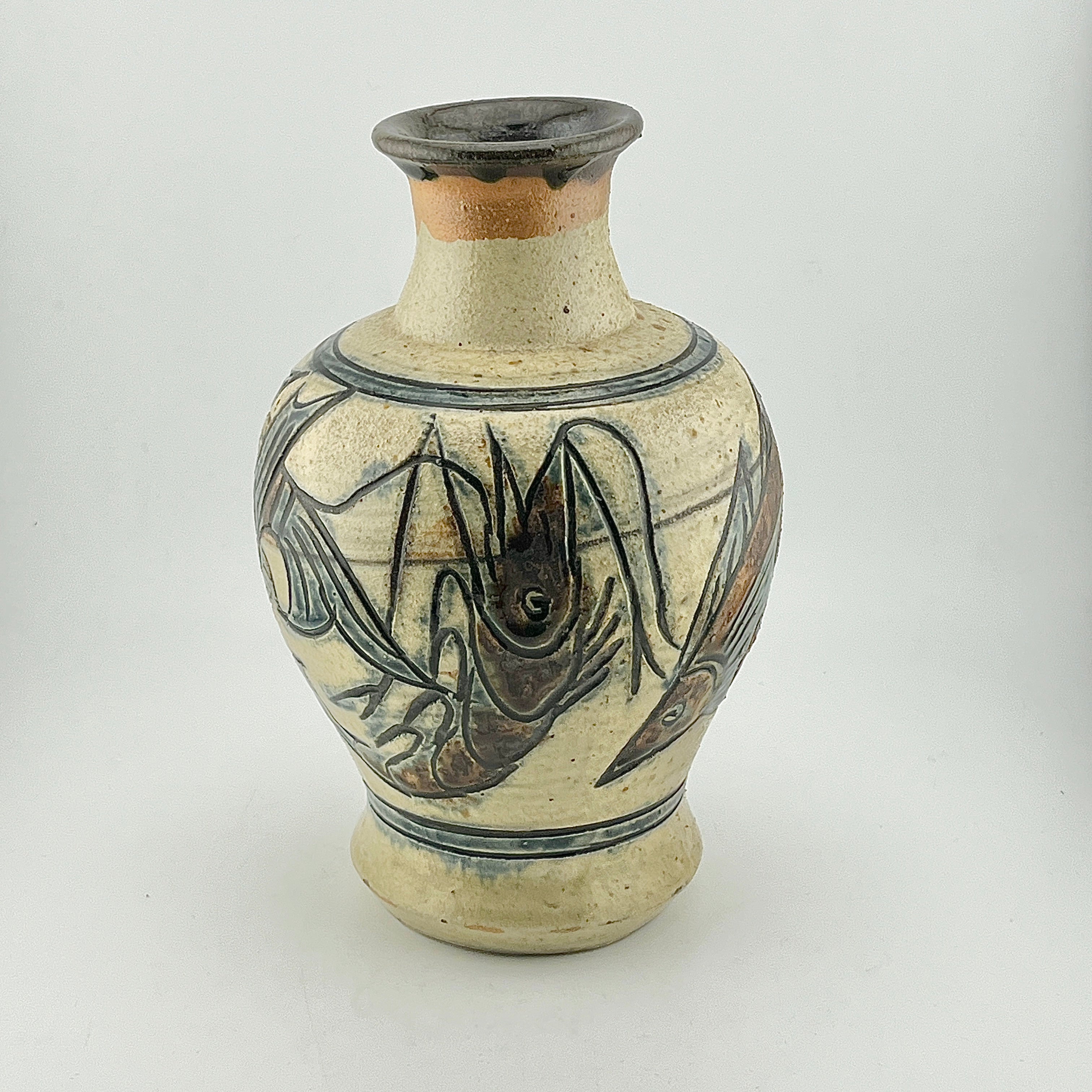 読谷初期【本物保証】金城次郎 魚紋花瓶 共箱 本人書付 h33㎝超