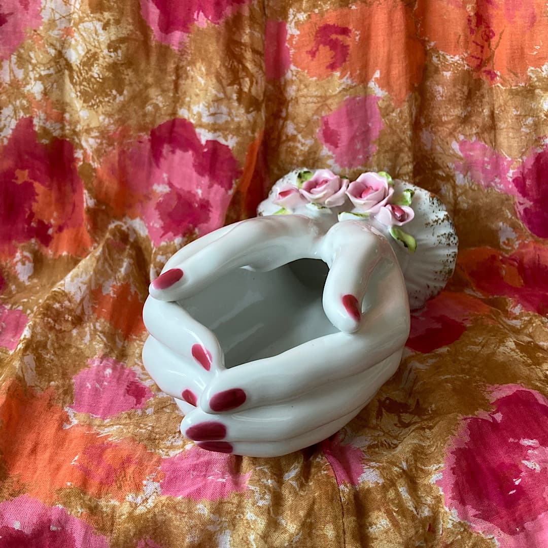 Lefton 白い手にピンクのバラのポーセリンハンドプランター