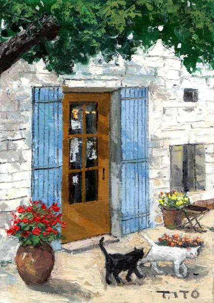 油絵 ボルボに乗る猫の家族 油絵ボルボに乗る猫の家族