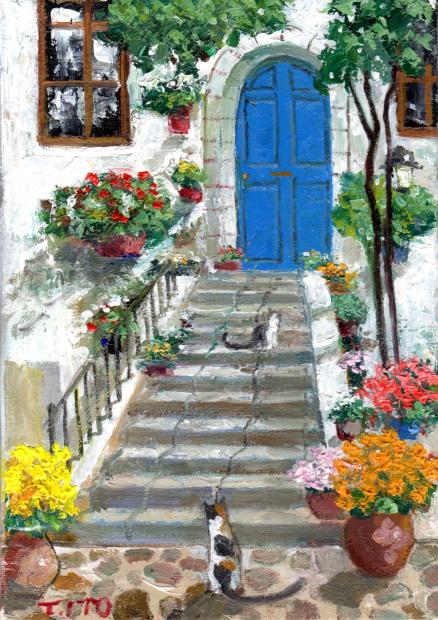 油絵 専用 三代そろった猫と青い花 油絵 専用 三代そろった猫と青い花