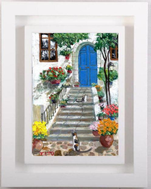 油絵 専用 三代そろった猫と青い花 油絵 専用 三代そろった猫と青い花