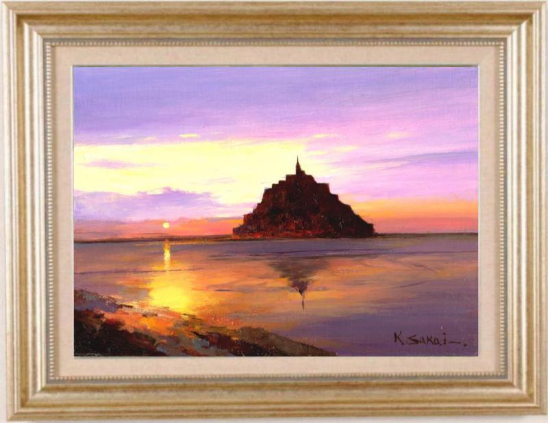 ☆秀作☆ 手書き油絵 モンサンミッシェル 絵画 額付き インテリア 油彩