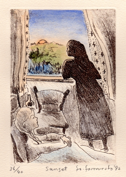 銅版画(エッチング)に手彩色を施して制作した山本容子の絵「サン