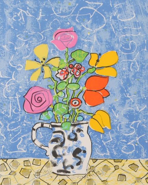 ポール・アイズピリがリトグラフの版画で制作した花の絵画「青い背景の