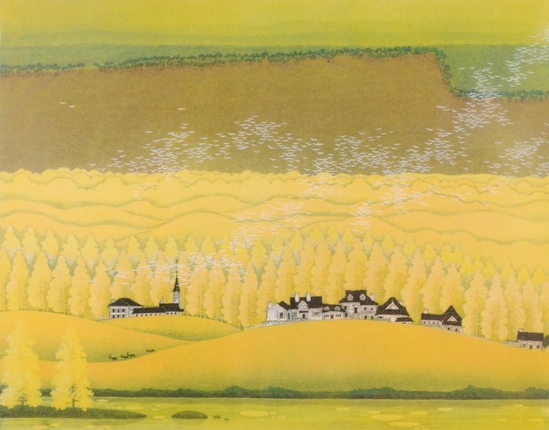 チャン・プー(張歩)がリトグラフの版画で制作した風景画「カナダの秋