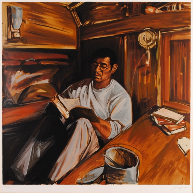 シルクスクリーンの版画で福山小夜が制作した高倉健の絵「零時」