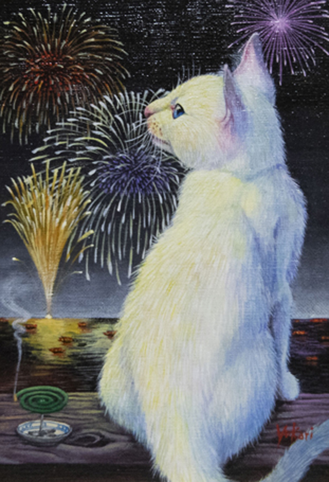 花火に映える美しい白猫” 海上ゆかり「花火」アクリルSM370×302mm