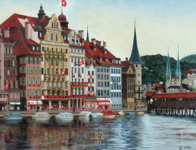 ヨーロッパ風景画・志村好子「名曲の街ルッツェルン」油彩・P10