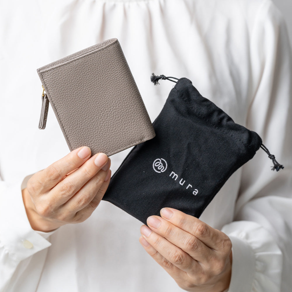 牛革 シュリンクレザー ゴールドファスナー ボタン閉じ 二つ折り財布