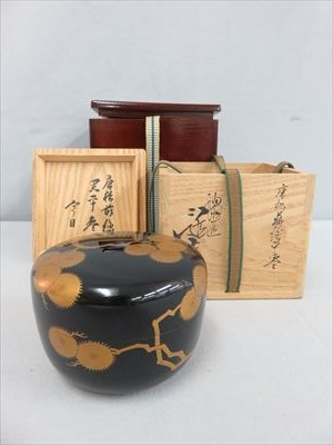 川端 近左 作 唐松蒔絵平棗 二重箱付き