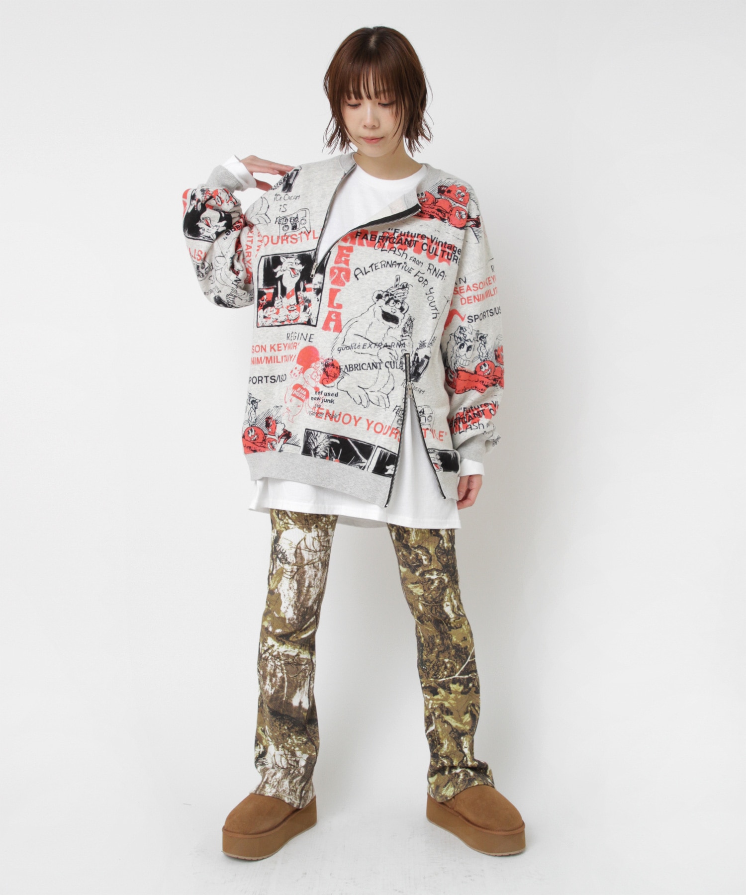 M2575 ENJOYプリントZIPトレーナー(M 杢グレー): トップス - RNA