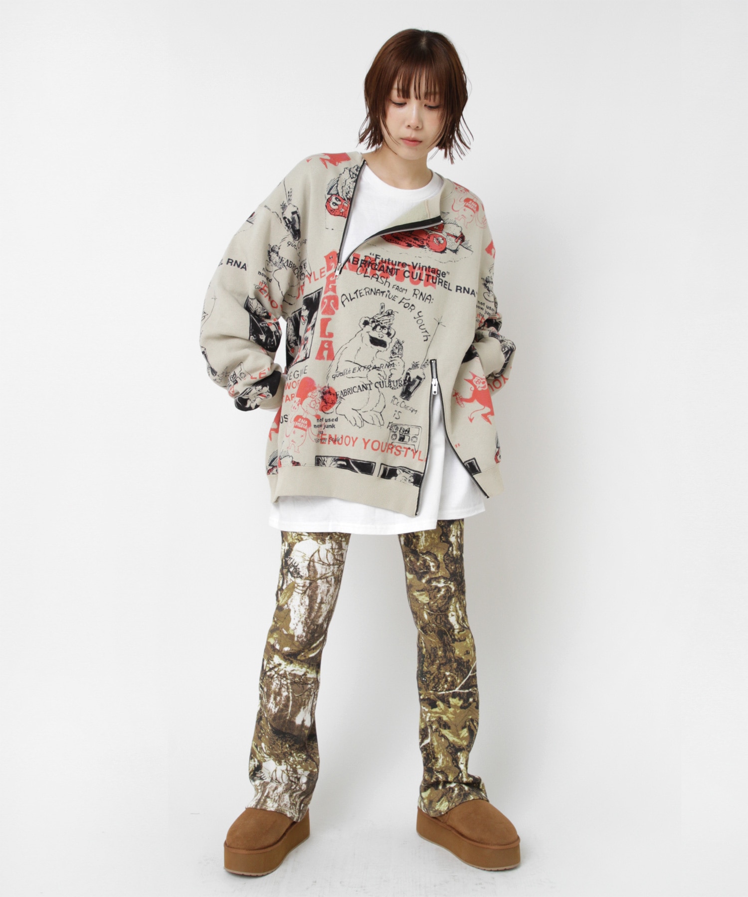 M2575 ENJOYプリントZIPトレーナー(M 杢グレー): トップス - RNA