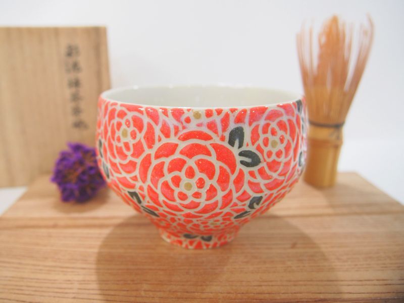 アウトレット：小さな濃いホクロ有】紋花彩泥抹茶茶碗 「a bouquet