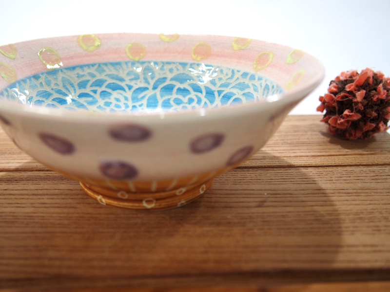 紋花彩泥掻落ドット 小鉢・茶碗（水色×ピンク） 【nicorico】飯碗・鉢