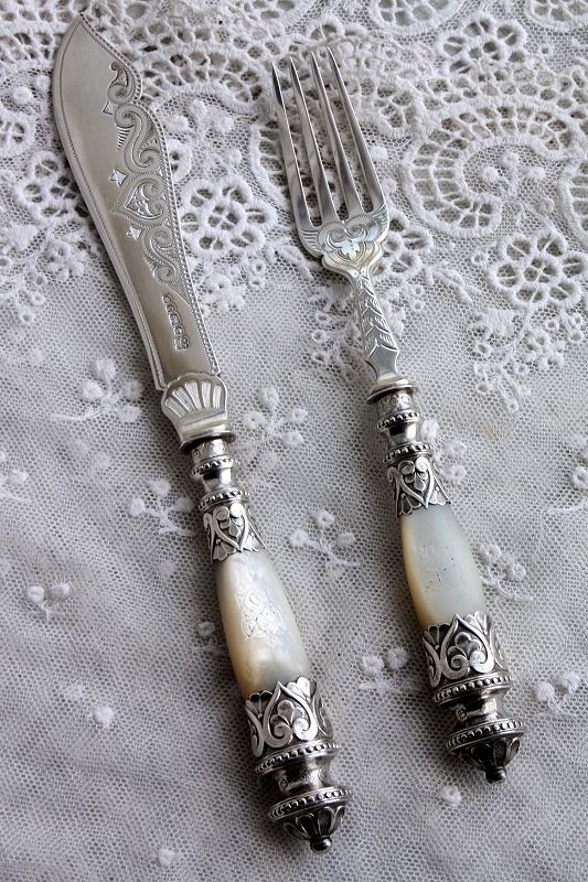英国アンティーク 銀ナイフ＆フォーク マザーオブパール ERNS刻印 高
