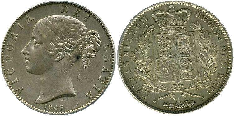 イギリス ヴィクトリア クラウン銀貨 ヤングヘッド1845年 PCGS AU50