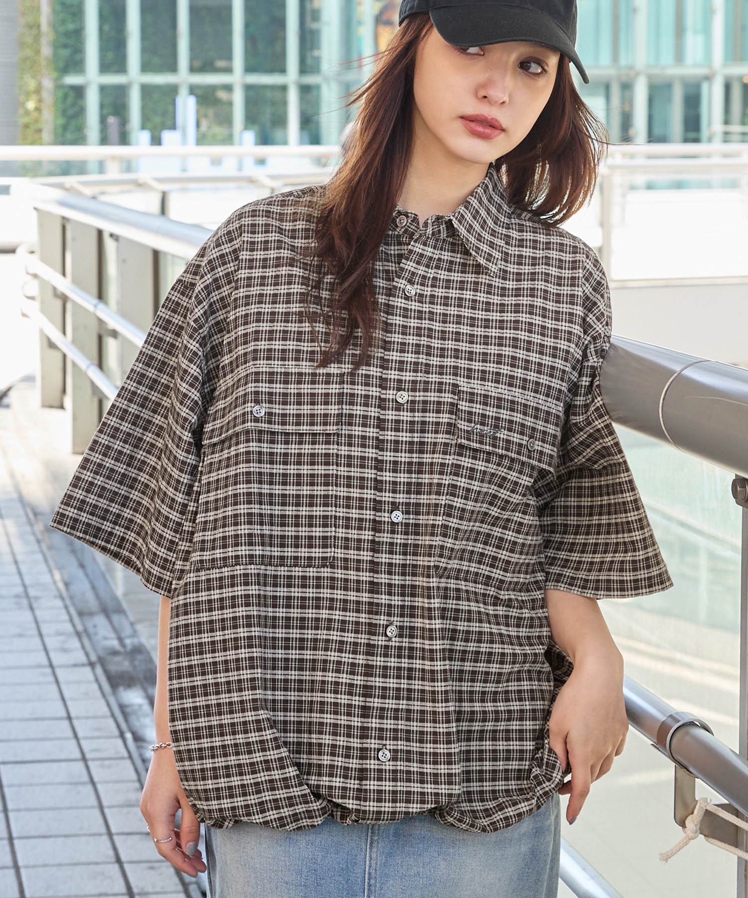 HECT】Big W-pocket Draw Cord Seersucker Check S/S Shirt / ビッグ