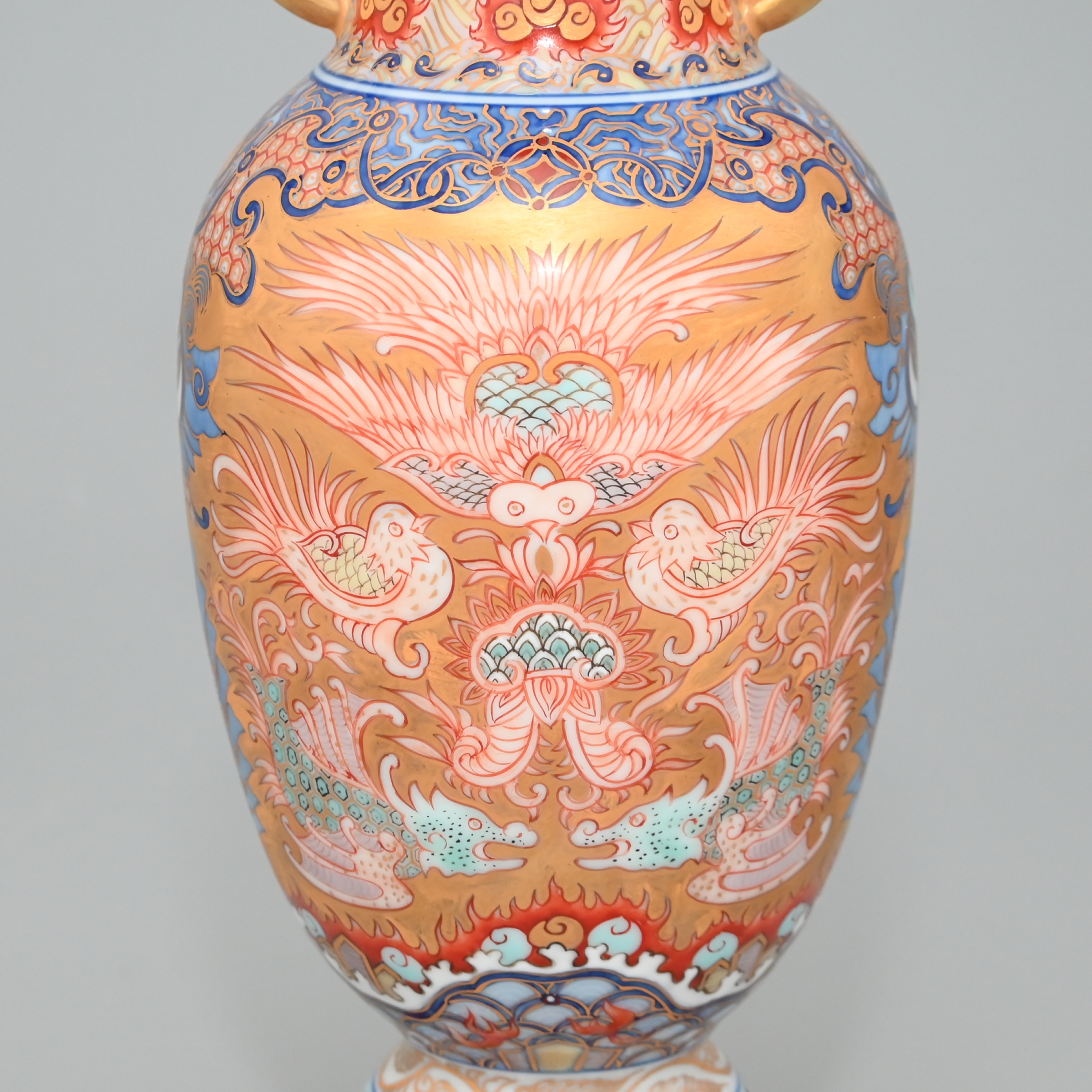 薩摩焼 大型 双耳花瓶 飾壺 獅子耳 花柄 金彩 両耳付 花瓶 フラワー