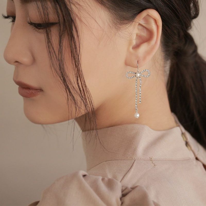 ピアス ニッケルフリー リボン ストーン パール サージカルステンレス