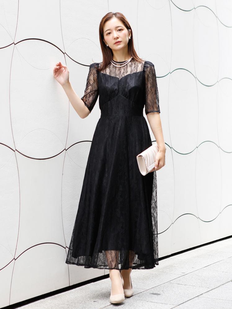 バックVデザイン総レースドレス(ブラック)H1-410BL-M | OTONA DRESS
