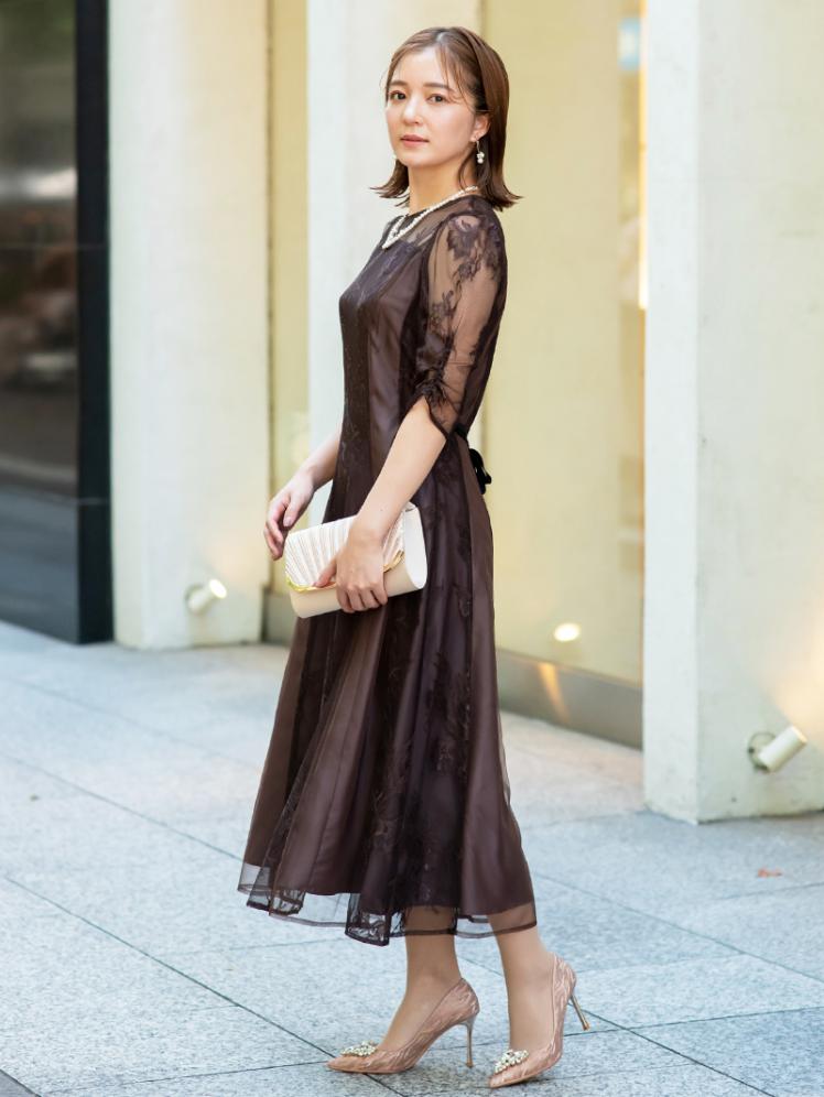 レース×チュール切替ベロアリボン付ドレス(ブラウン)CR1-417BR-M