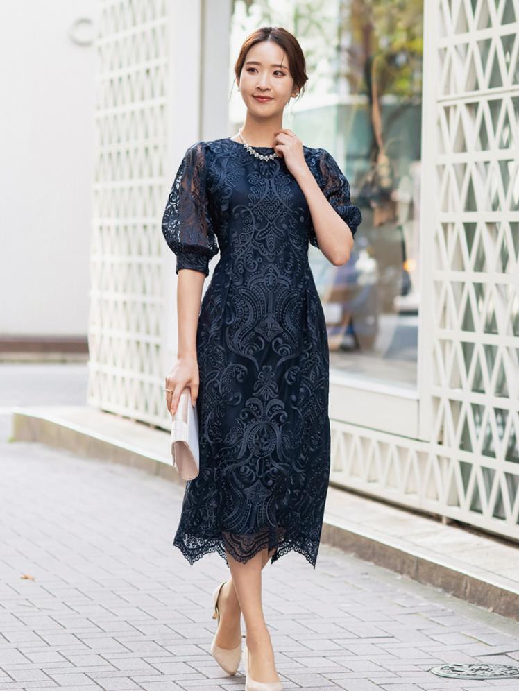 バルーンスリーブ刺繍ドレス(ネイビー)H1-392NA-L | OTONA DRESS