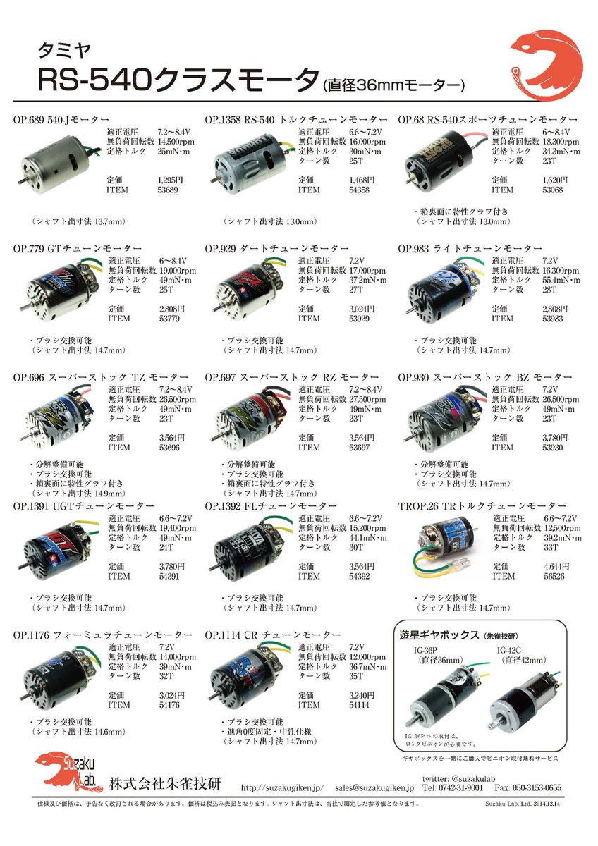 タミヤのRS-540モータクラスの仕様や特徴をまとめを更新しました