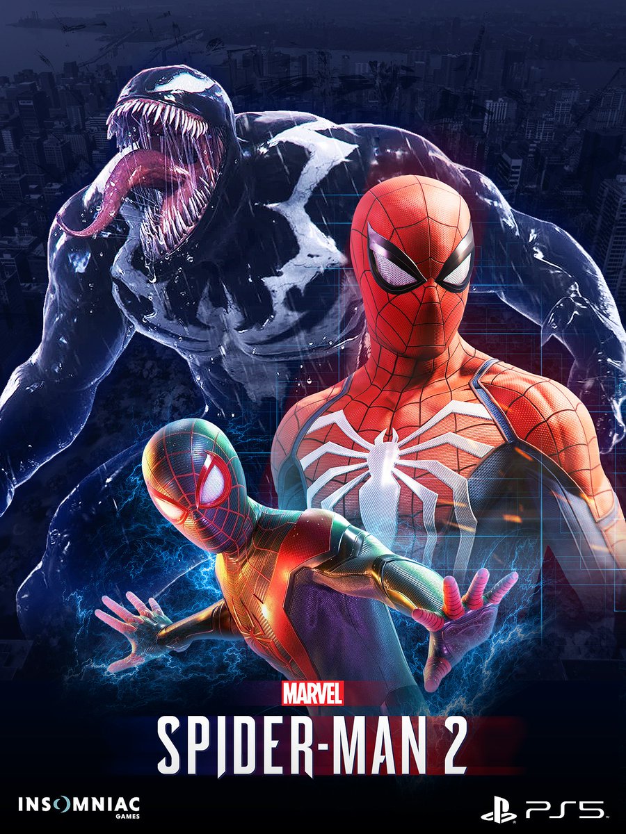 Marvel's Spider-Man 2 poster featuring Peter, Miles and Venom
