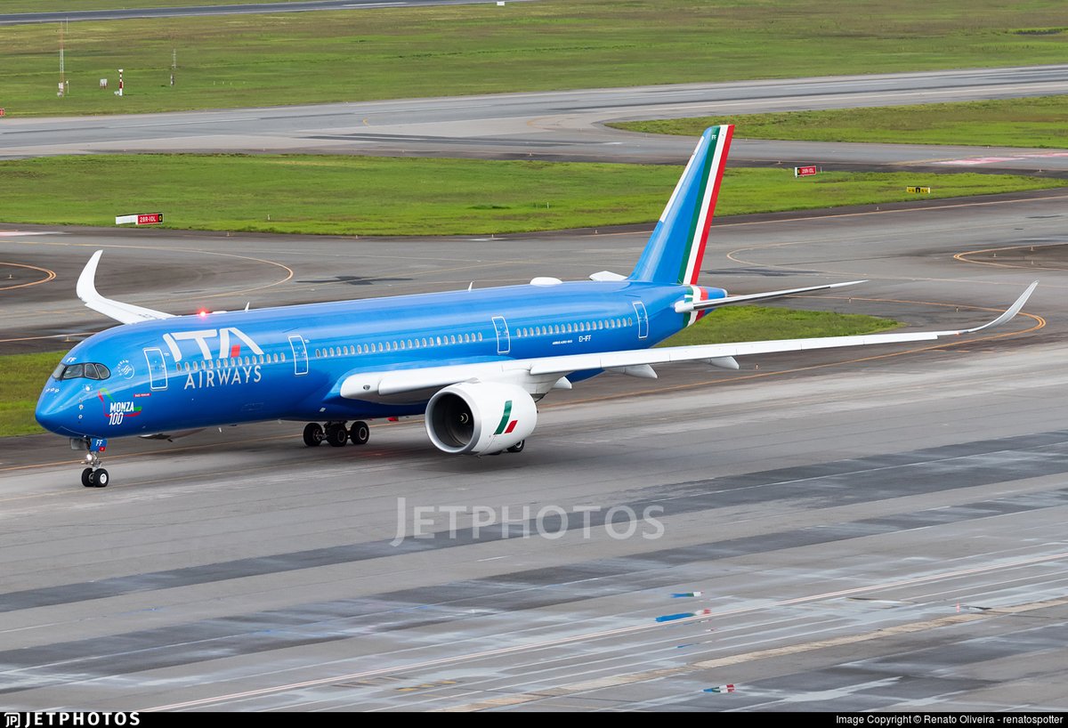 An ITA Airways A350 with special Monza 100 decals on the nose in