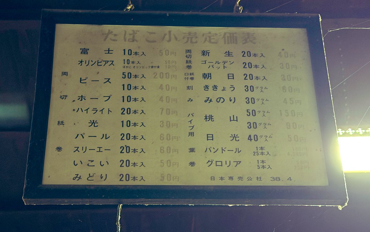 祖母の家のとても昭和なたばこ小売定価表。