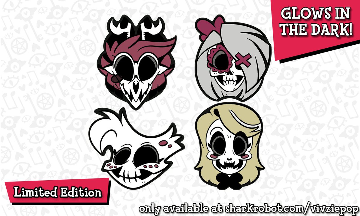 NEW ENAMEL PIN SET! Skull Hazbin Guests by @Jaimonster. Pins GLOW
