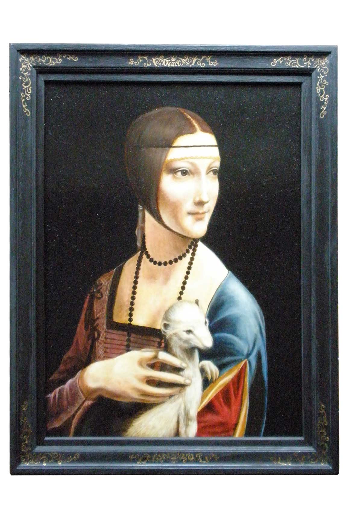 絵画、油彩、8号レオナルド・ダ・ヴィンチ白貂を抱く貴婦人、高級額縁