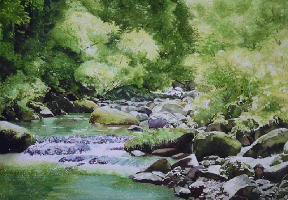 絵画「渓流の釣り」 水彩画 絵画「渓流の釣り」 水彩画