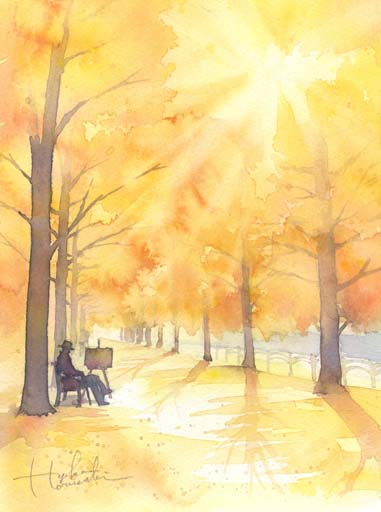 秋の並木道水彩画