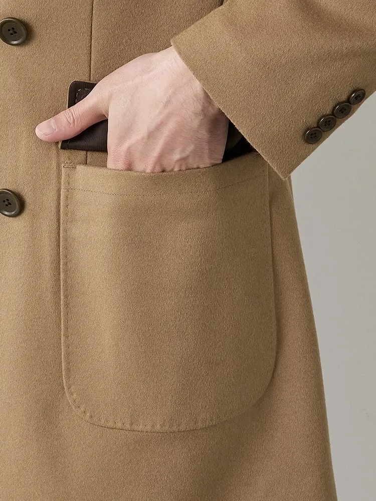 ベージュ ウール100% ダブルブレスト チェスターコート グレー/ワイン