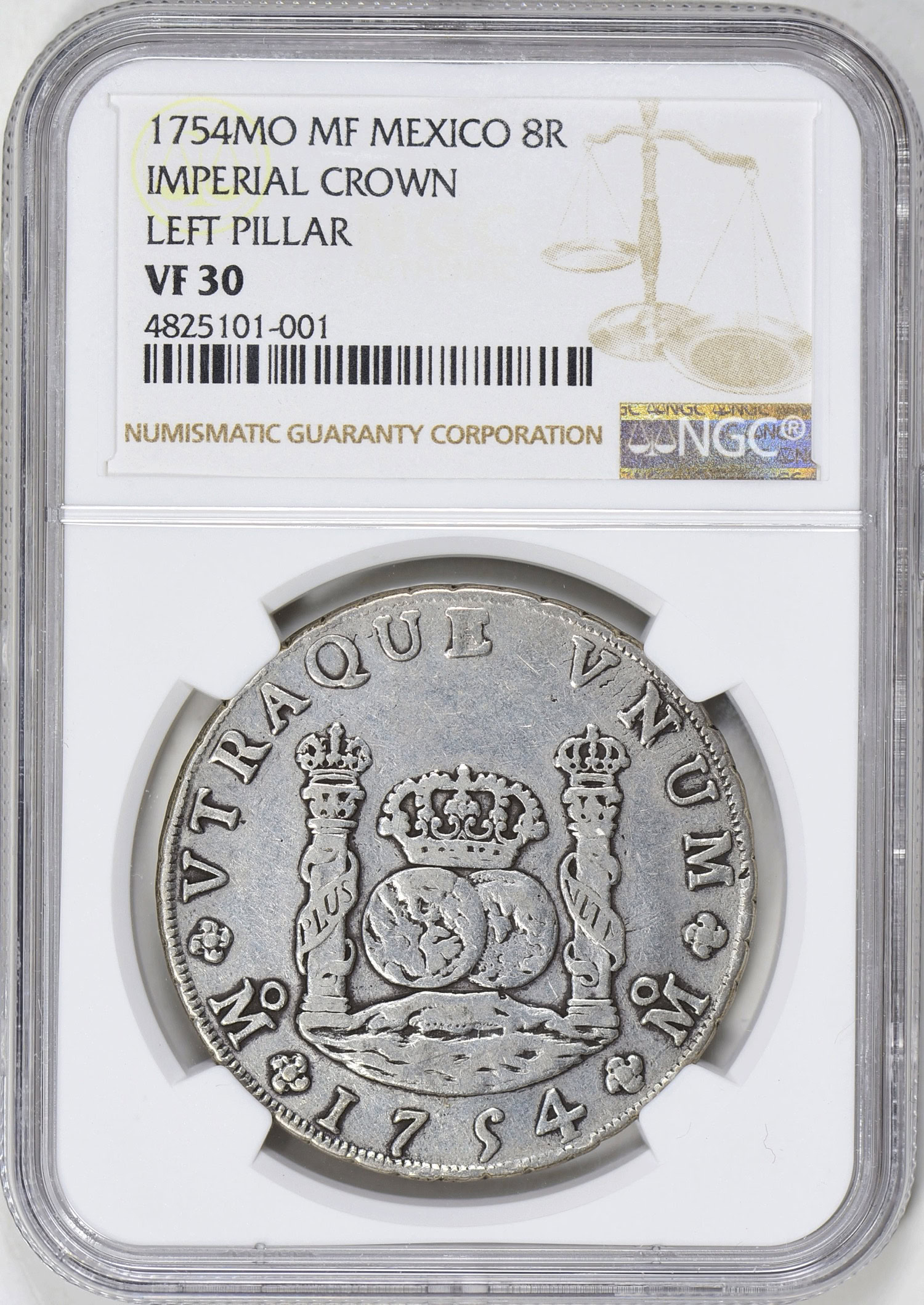 Mexico 1754-Mo MF Silver 8 Reales Imperial Crown Left Pillar KM