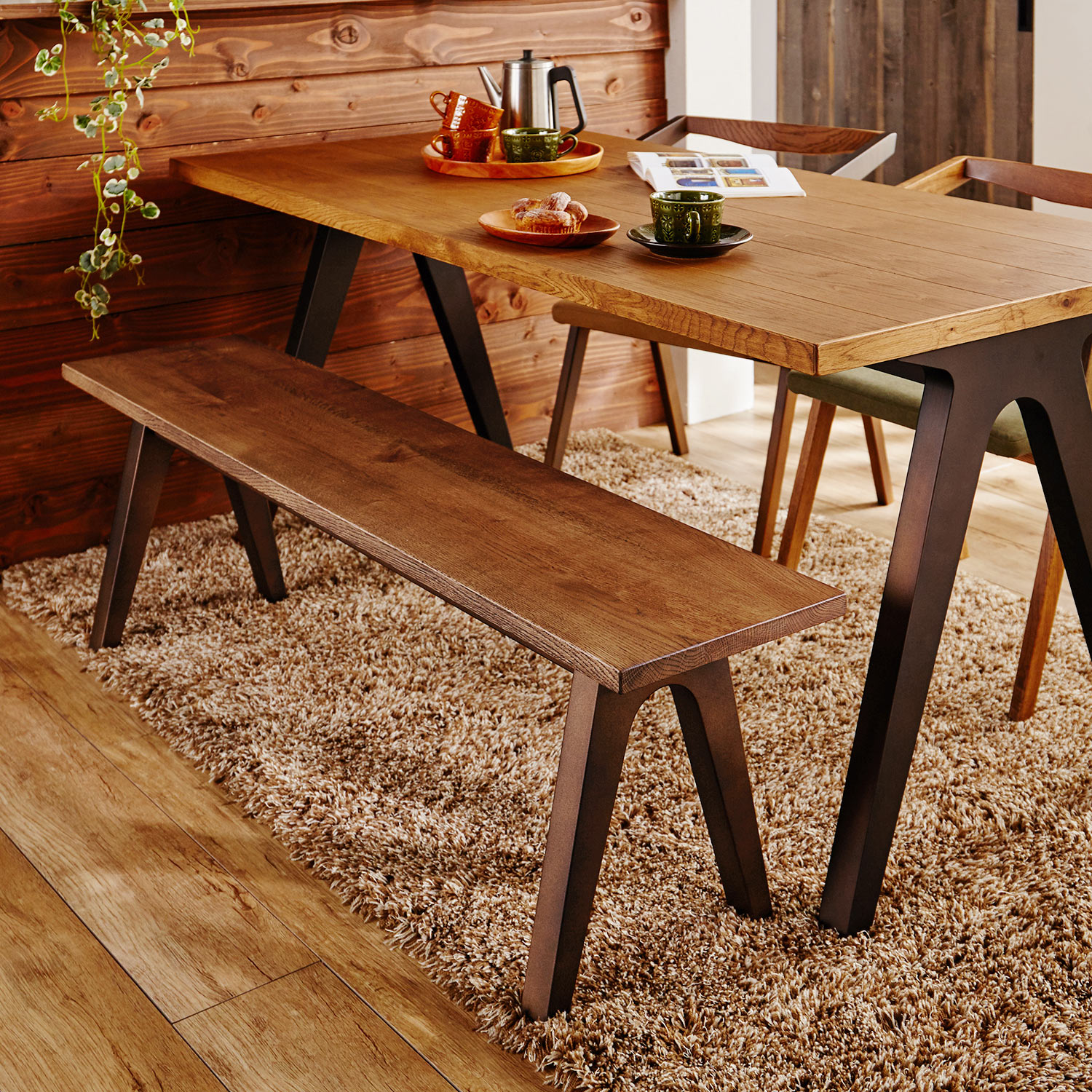 アイアン脚風インダストリアルダイニングベンチ（ダイニングチェア