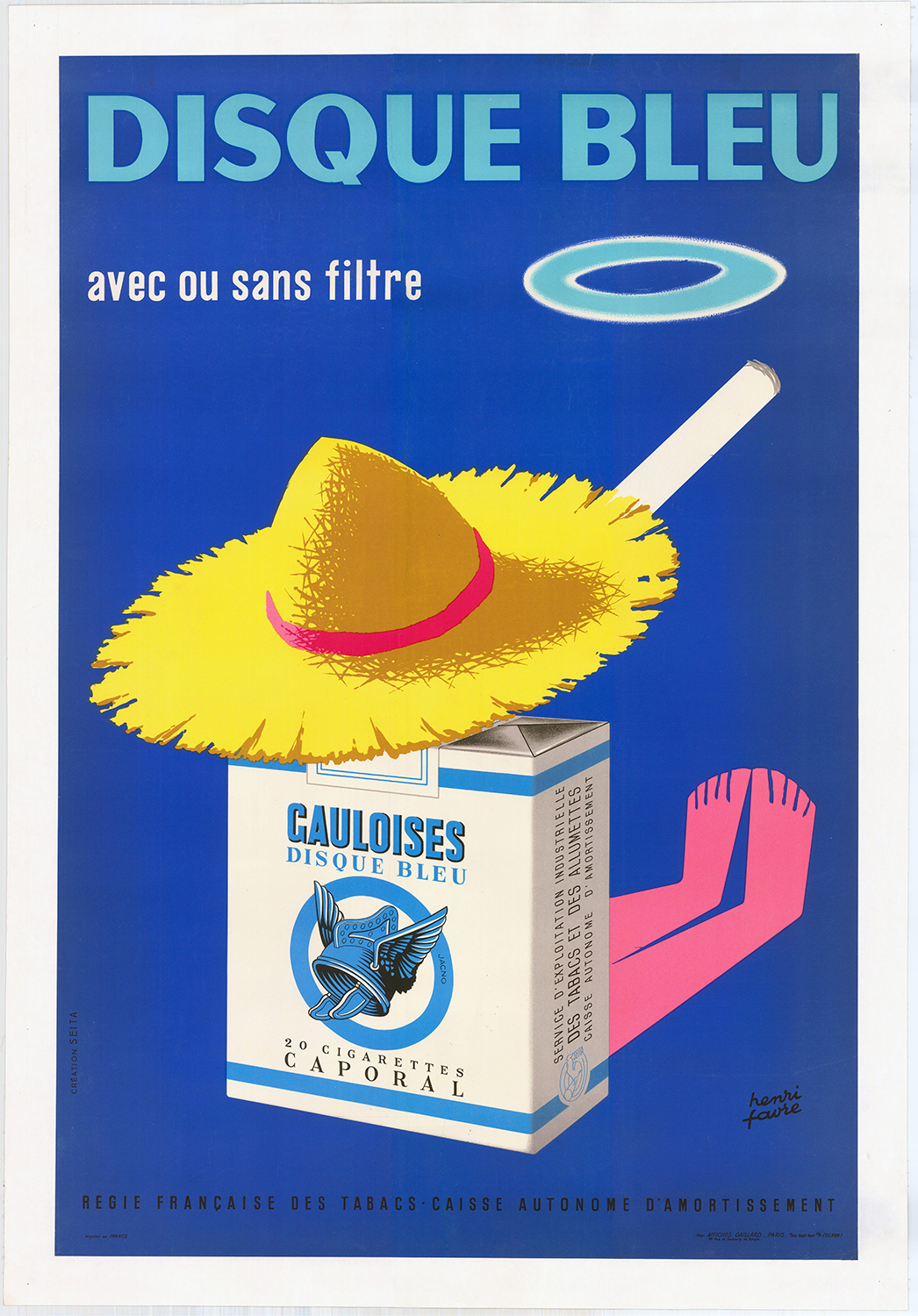 1956 DISQUE BLUE GAULOISE Cigarettes Huge ORIGINAL POSTER by HENRI