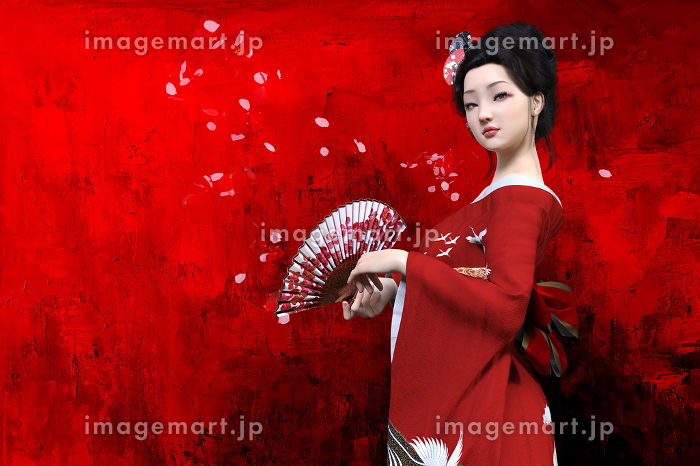 扇子を手に持つ日本髪の妖艶な赤い着物の女性のイラスト素材
