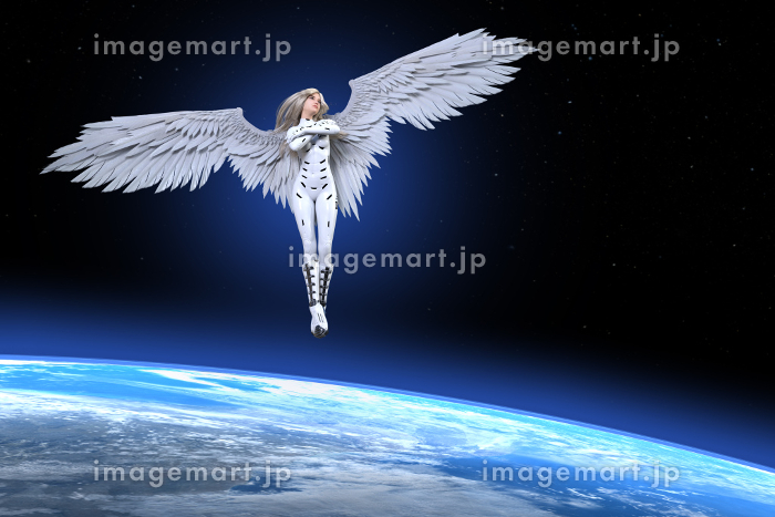 宇宙に大きな翼の生えた天使のような女性がボディースーツを着て胸の前