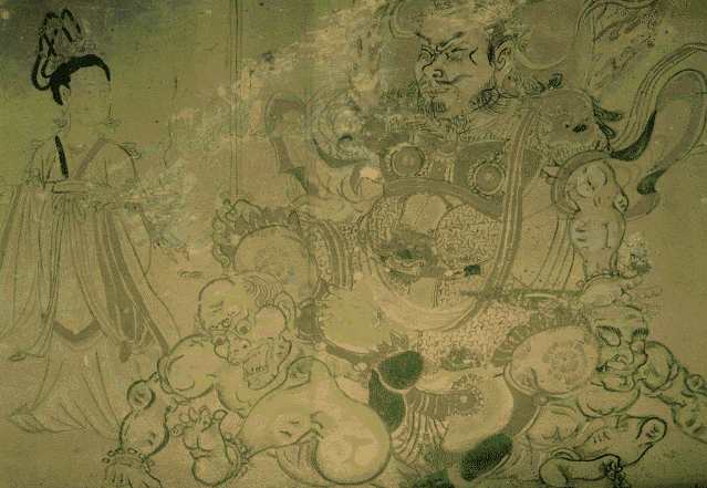 中国古美術 唐代 呉道子作款 観音菩薩水墨画 老絹 巻き物 仏教美術 唐