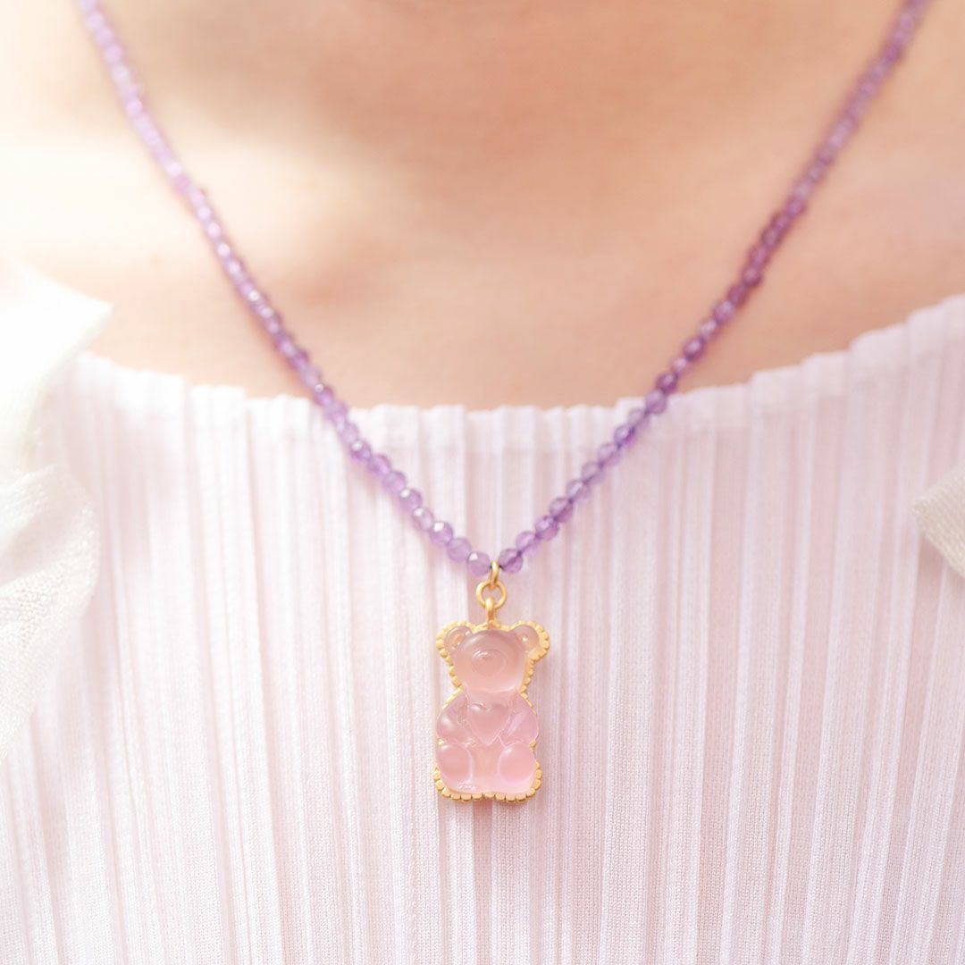 残り1点】アメジスト テディーベア ハードグミ ネックレス（グレープ