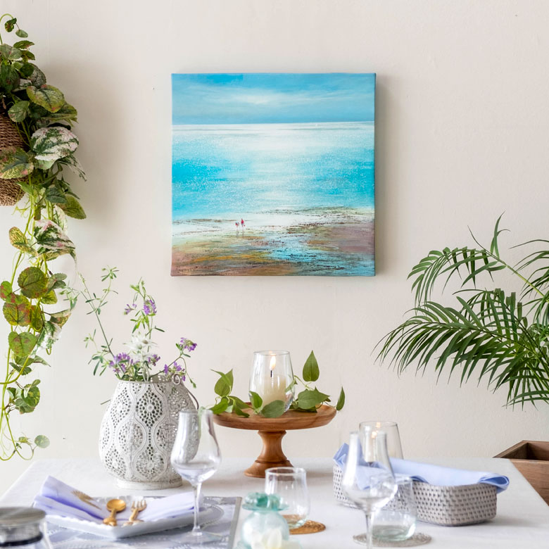 キャンバス油絵 専用 海と砂浜と空が見える窓際のテーブル モダン