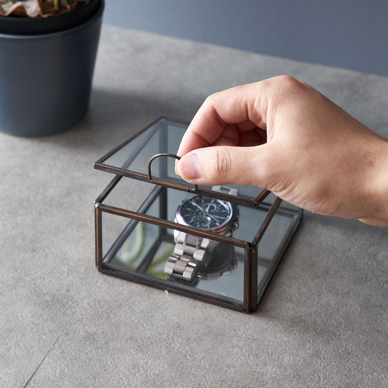 ガラスと真鍮でできた鏡付き収納ケース Sサイズ ガラスボックス ガラス