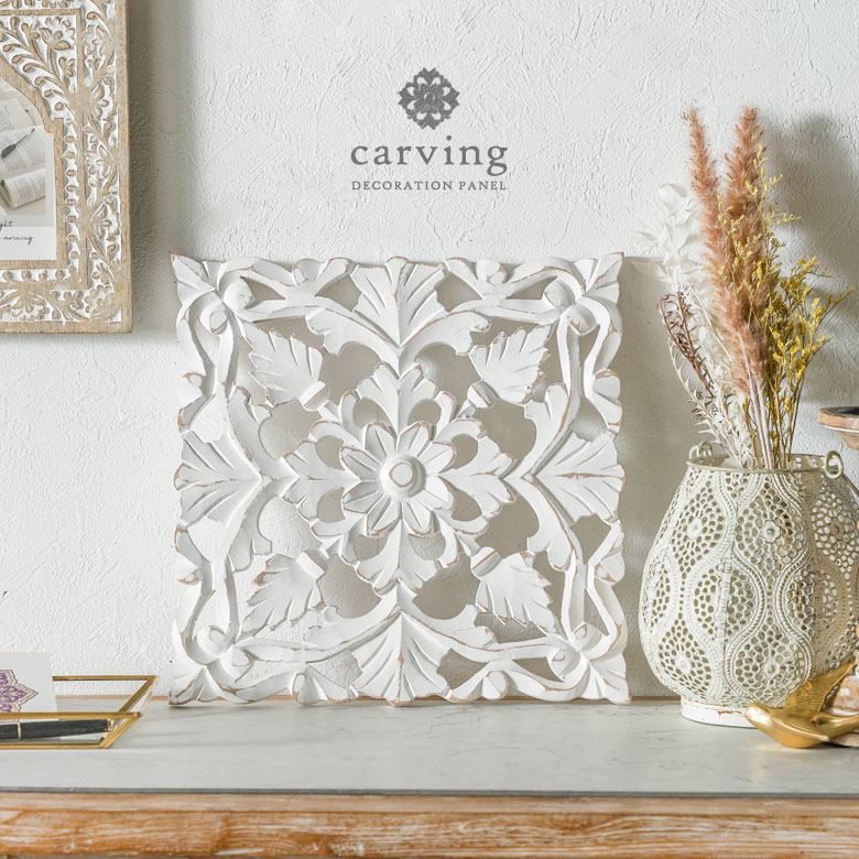 木彫り レリーフ 壁掛け アカンサス 白 ホワイト インド製 正方形 約 W