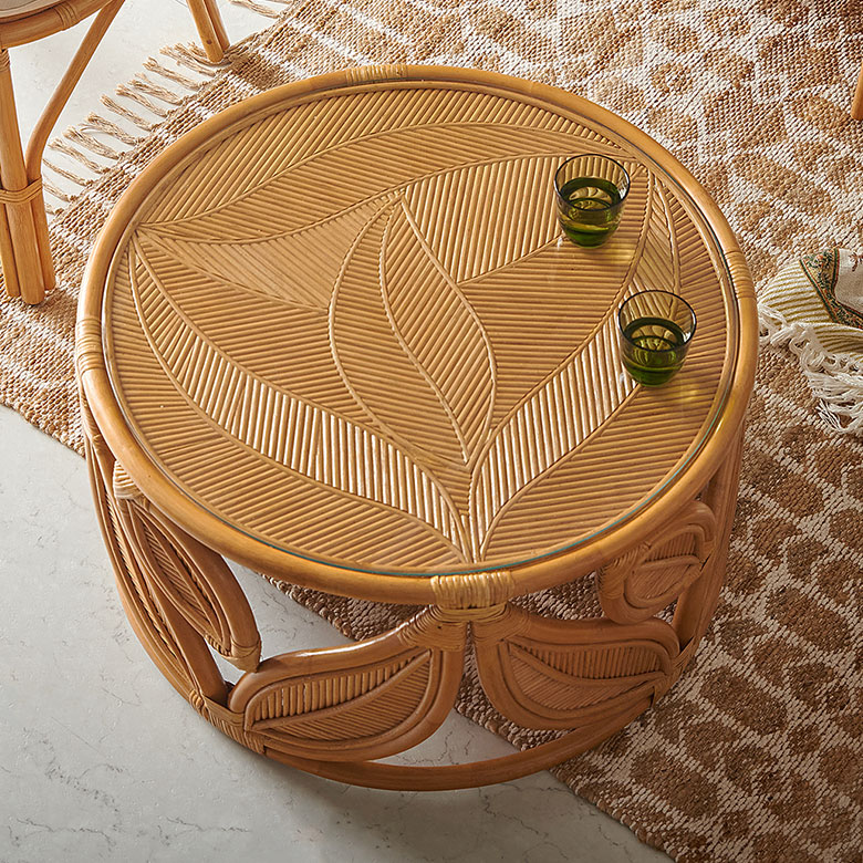 ⭐️即決価格⭐️ラタンサイドテーブル 丸型ガラステーブル 藤 天板