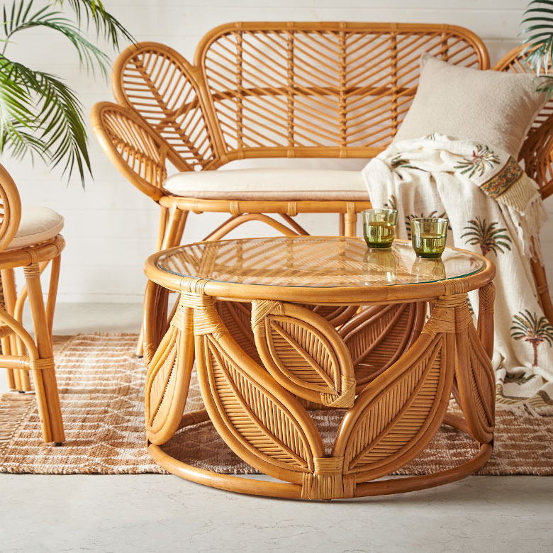 ラタン ガラストップ センターテーブル ヴィンテージ 家具 籐製 昭和