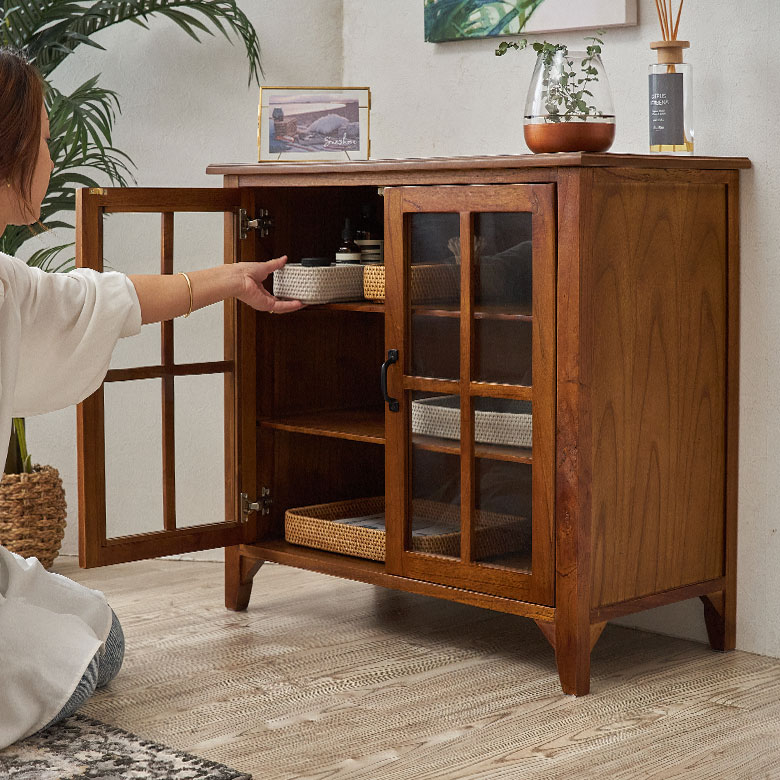 ラタン家具】 ガラス扉付きキャビネット 飾り棚 北欧ナチュラル ラタン