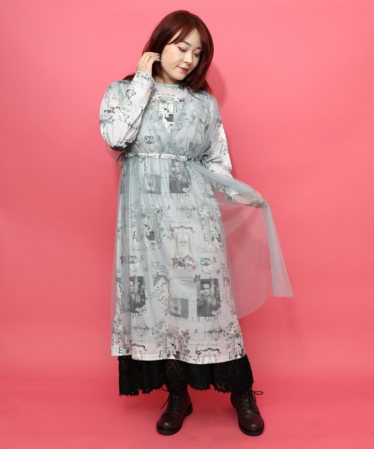 553208：現在と過去イメージプリント チュール重ねワンピースの通販-ScoLar